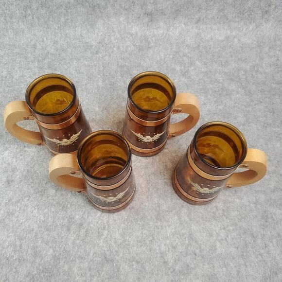Siesta Ware Amber Glasses Set of 4 Patriotic Eagle Wooden Handle Mug Stein - Picture 8 of 10